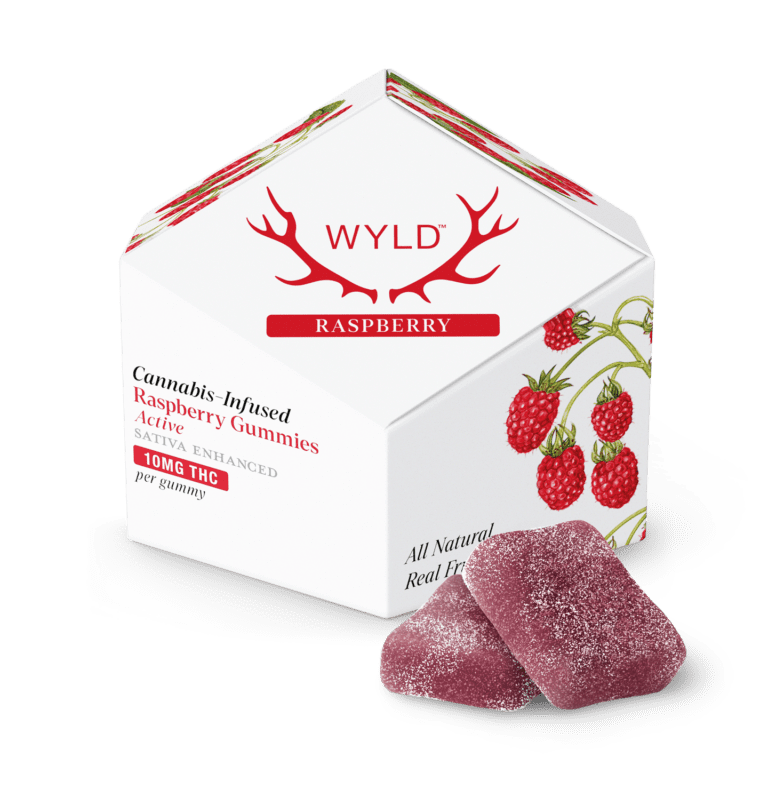 a box of raspberry Wyld gummies on a white background.