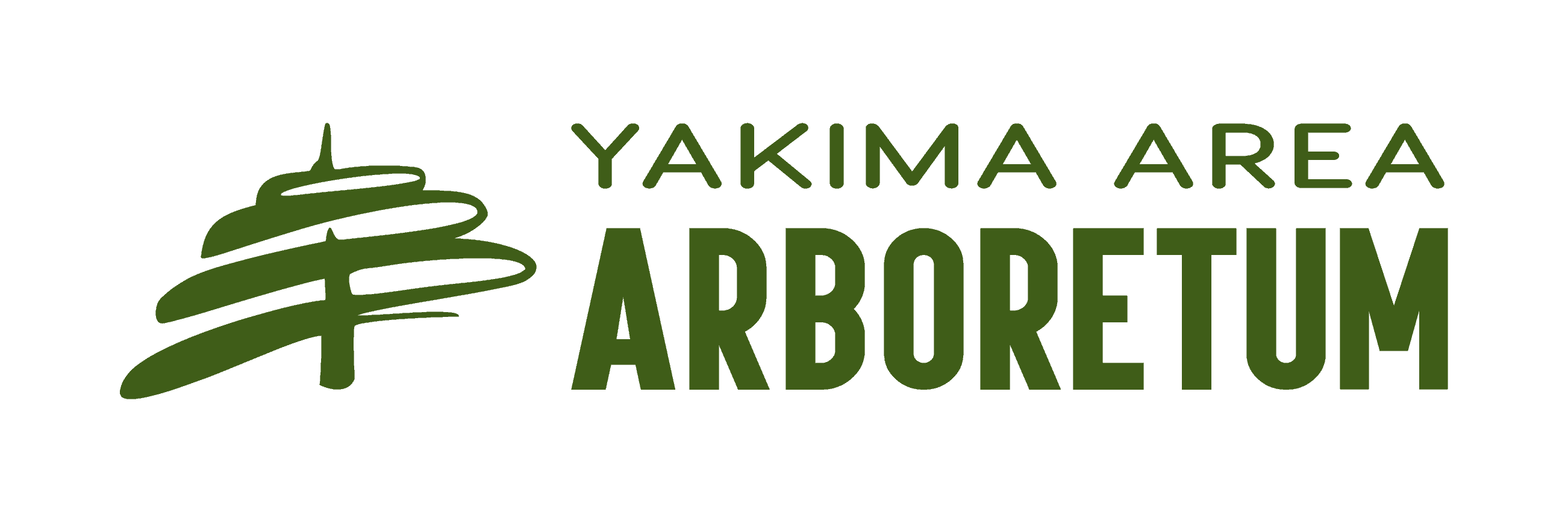 the green logo of the Yakima Area Arboretum features a stylized line drawing of an evergreen tree