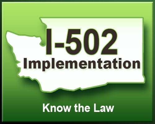 green background with a white outline of washington state. It is emblazoned I-502 Implemenation referring to cannabis laws